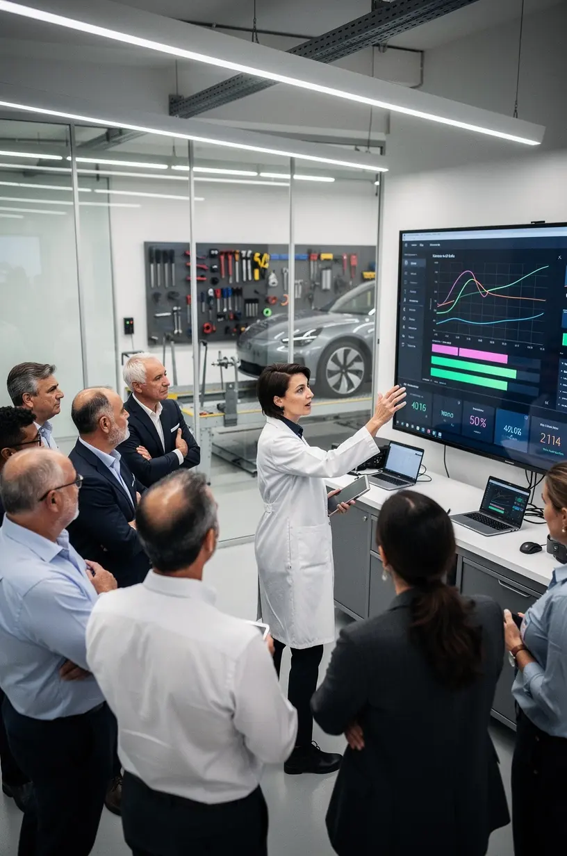 Experte erklärt Kunden die Funktionsweise der Fahrzeugdiagnose im Beratungsgespräch.
